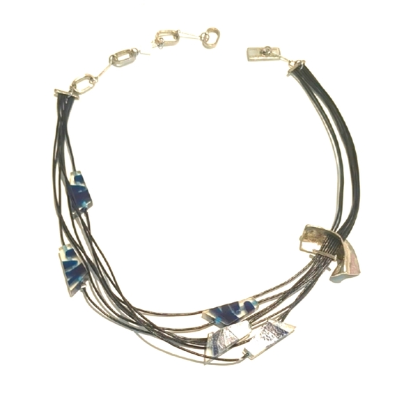Anne Marie Chagnon Vintage Modernist leather and silver necklace